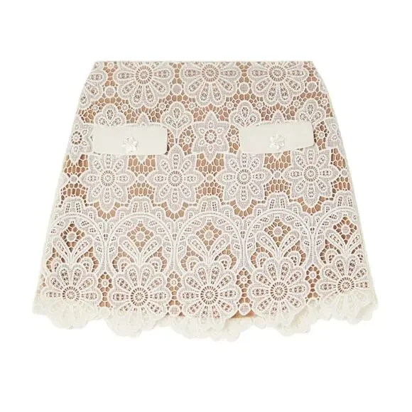 Self-Portrait Crystal-Embellished Ivory Guipure Lace Mini Skirt Size UK 8 / US 4 - Picture 1 of 6